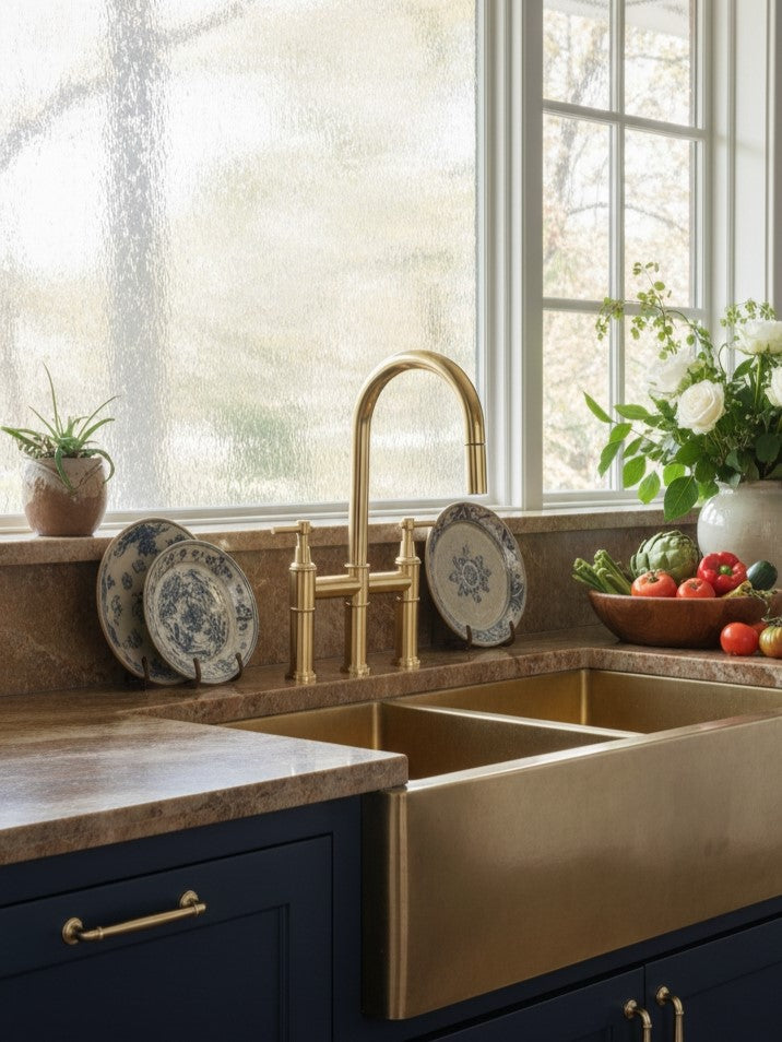 Handcrafted brass bridge kitchen faucet installed with a brushed brass farmhouse apron-front sink in a navy blue kitchen with natural stone countertops.