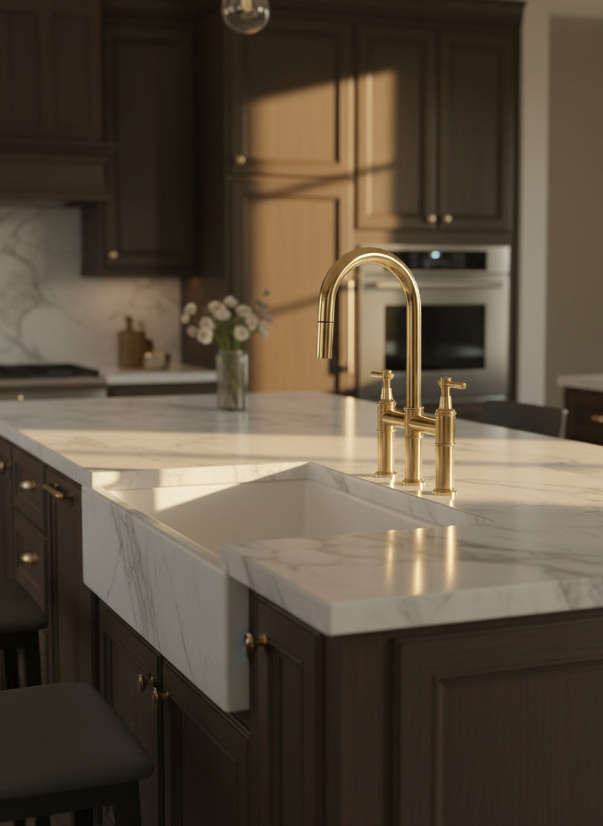 Luxury polished brass bridge kitchen faucet with pull-down spray head installed on a white marble farmhouse sink in a transitional kitchen.