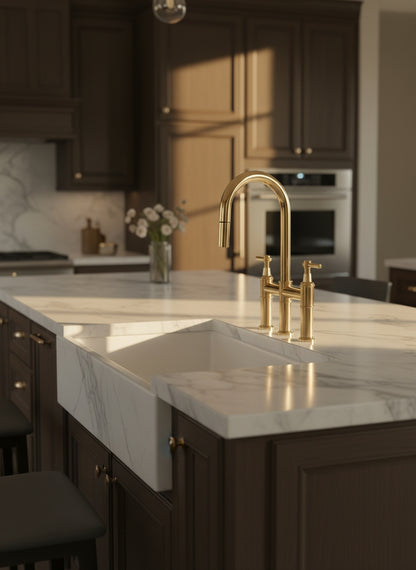 Luxury polished brass bridge kitchen faucet with pull-down spray head installed on a white marble farmhouse sink in a transitional kitchen.