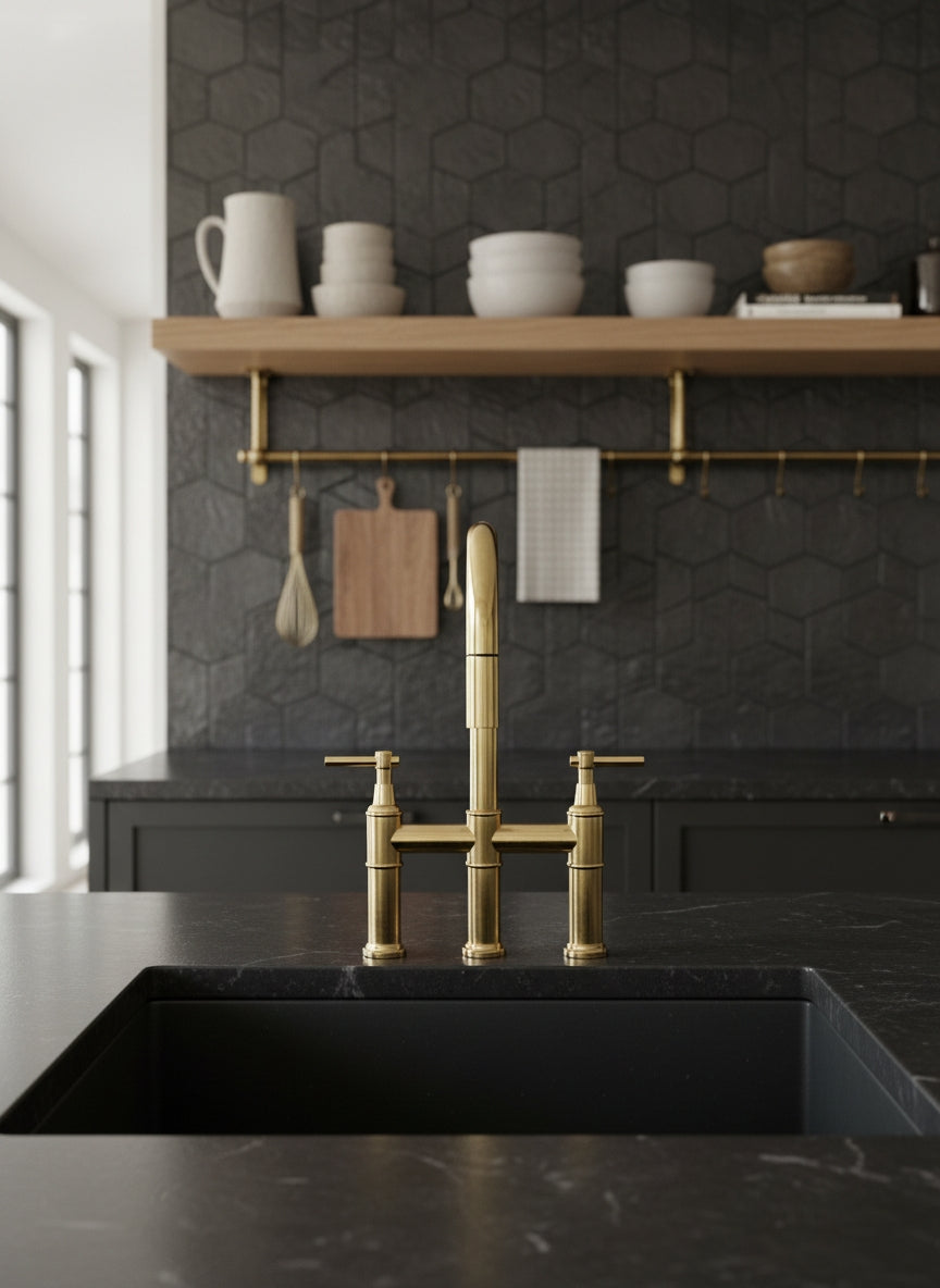 Solid Brass Bridge Kitchen Faucet with Pull Down Sprayer