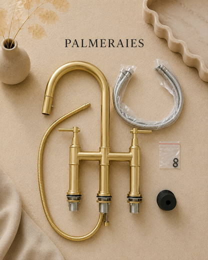 Bridge kitchen faucet package including solid brass pull-down faucet, braided water supply hoses, mounting hardware, rubber gaskets, and installation accessories displayed on a neutral background.
