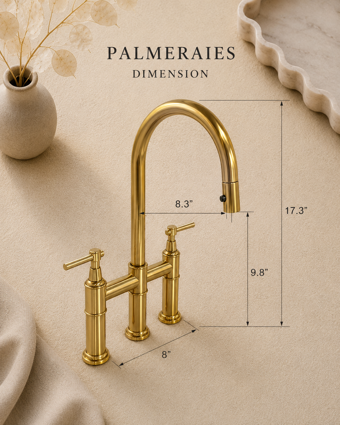 Dimension guide for a handcrafted solid brass bridge kitchen faucet with pull-down sprayer showing overall height, spout reach, and installation measurements.