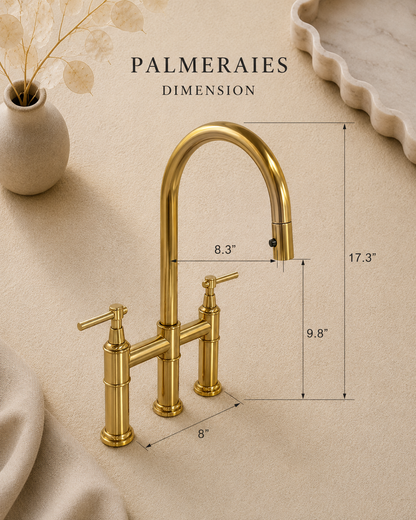 Dimension guide for a handcrafted solid brass bridge kitchen faucet with pull-down sprayer showing overall height, spout reach, and installation measurements.