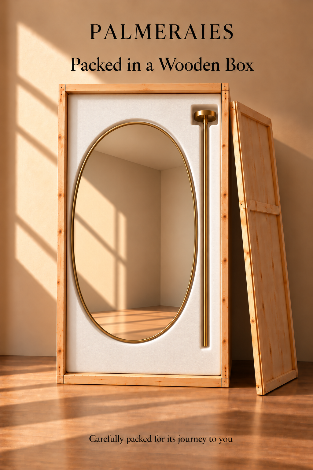 A wooden storage box with an oval mirror on the front and a gold-toned handle, shown in a warm beige room with sunlight and shadows. Text at the top reads 'PALMERAIES Packed in a Wooden Box' and text at the bottom says 'Carefully packed for its journey to you'.