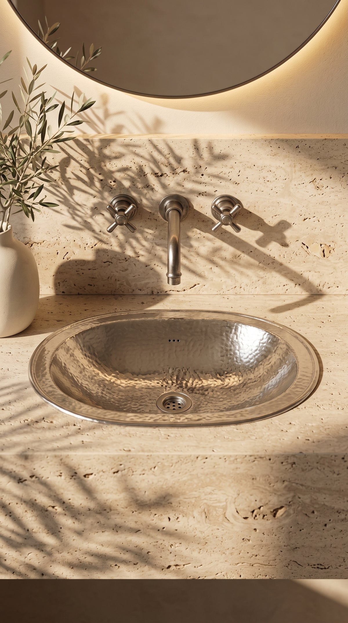 Oval hammered silver sink in a beige travertine vanity beneath a silver wall-mounted faucet and round backlit mirror.