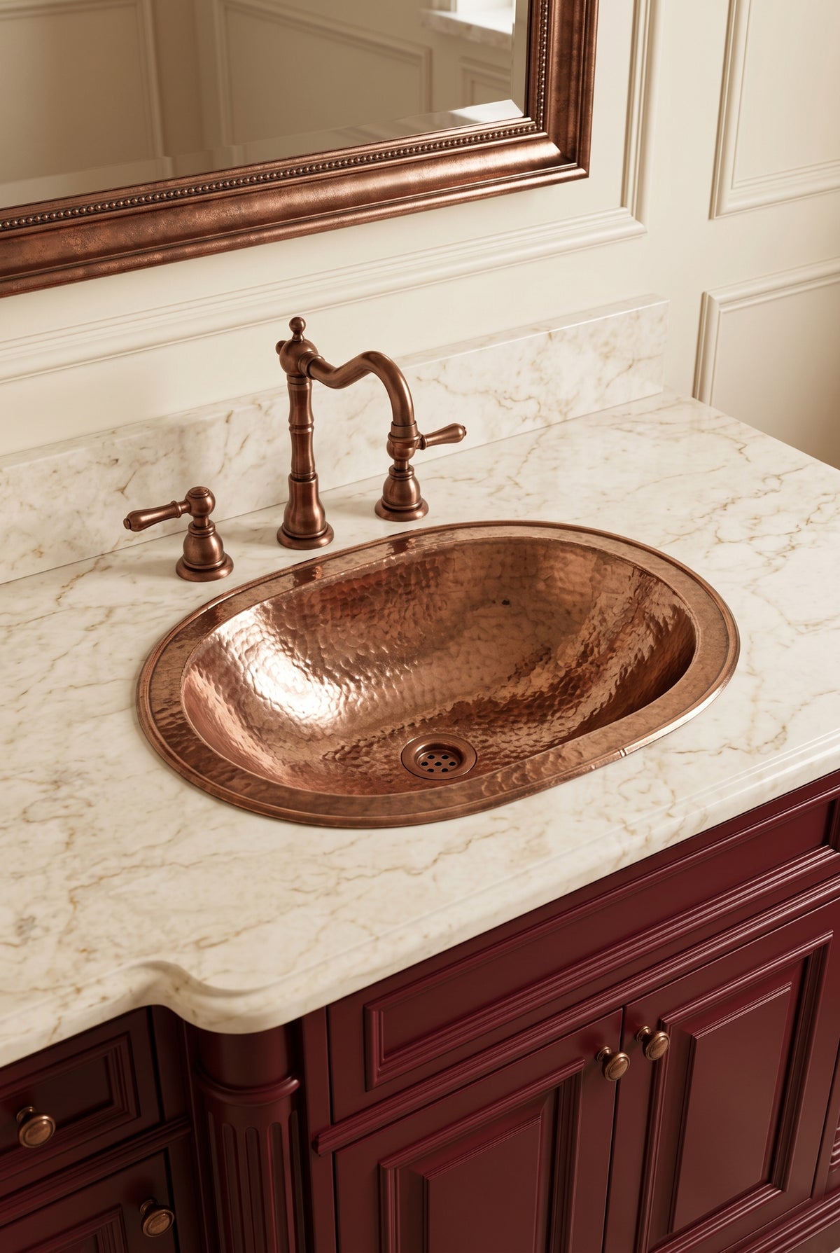 Oval hammered copper sink in a cream marble countertop with a matching faucet, burgundy vanity, and copper-framed mirror.