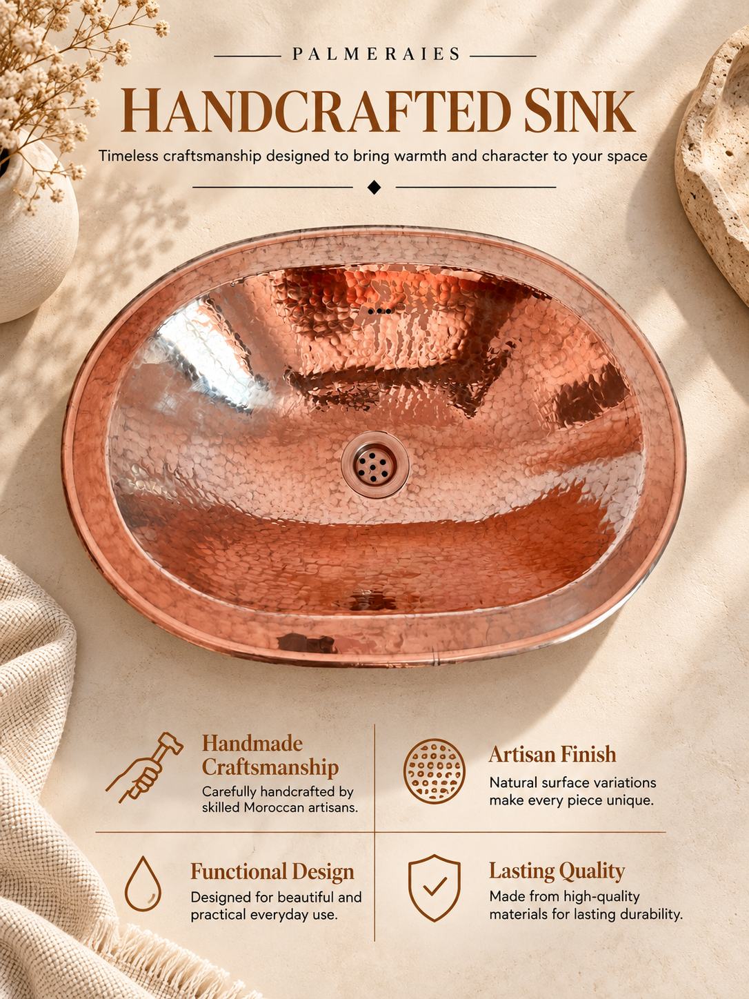Palmeraies poster featuring an oval hammered copper sink and highlighting handmade craftsmanship, artisan finish, functional design, and lasting quality.