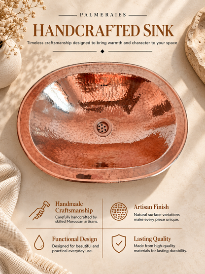 Palmeraies poster featuring an oval hammered copper sink and highlighting handmade craftsmanship, artisan finish, functional design, and lasting quality.
