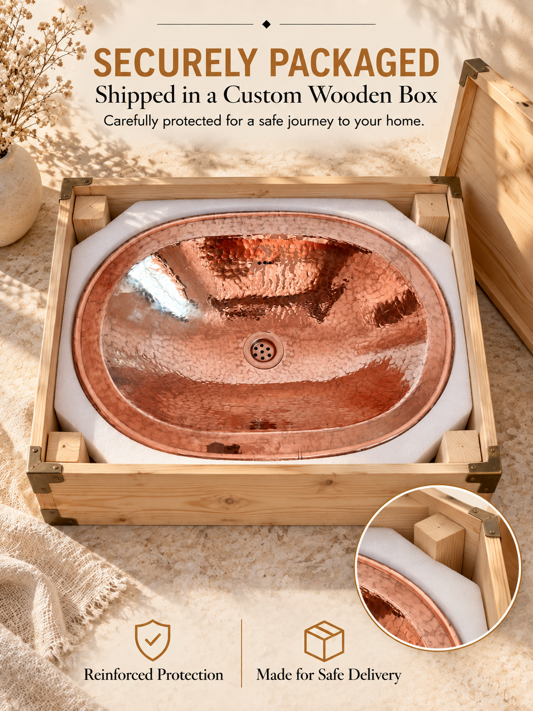 Oval hammered copper sink nestled in fitted white foam inside an open wooden box, with text highlighting secure packaging and safe delivery.