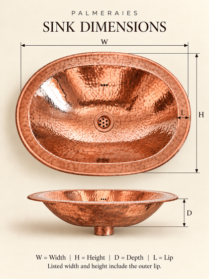 Dimension diagram of an oval hammered polished copper sink, showing top and side views labeled width, height, depth, and lip. Width and height include the outer lip.