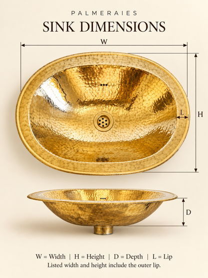 Dimension diagram of an oval hammered brass sink, showing top and side views labeled width, height, depth, and lip. Width and height include the outer lip.