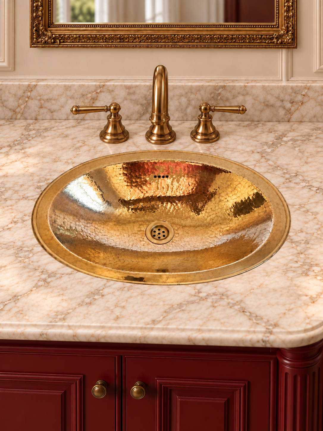 Oval hammered brass sink in a cream marble countertop with a brass faucet, burgundy vanity, and ornate gold-framed mirror.