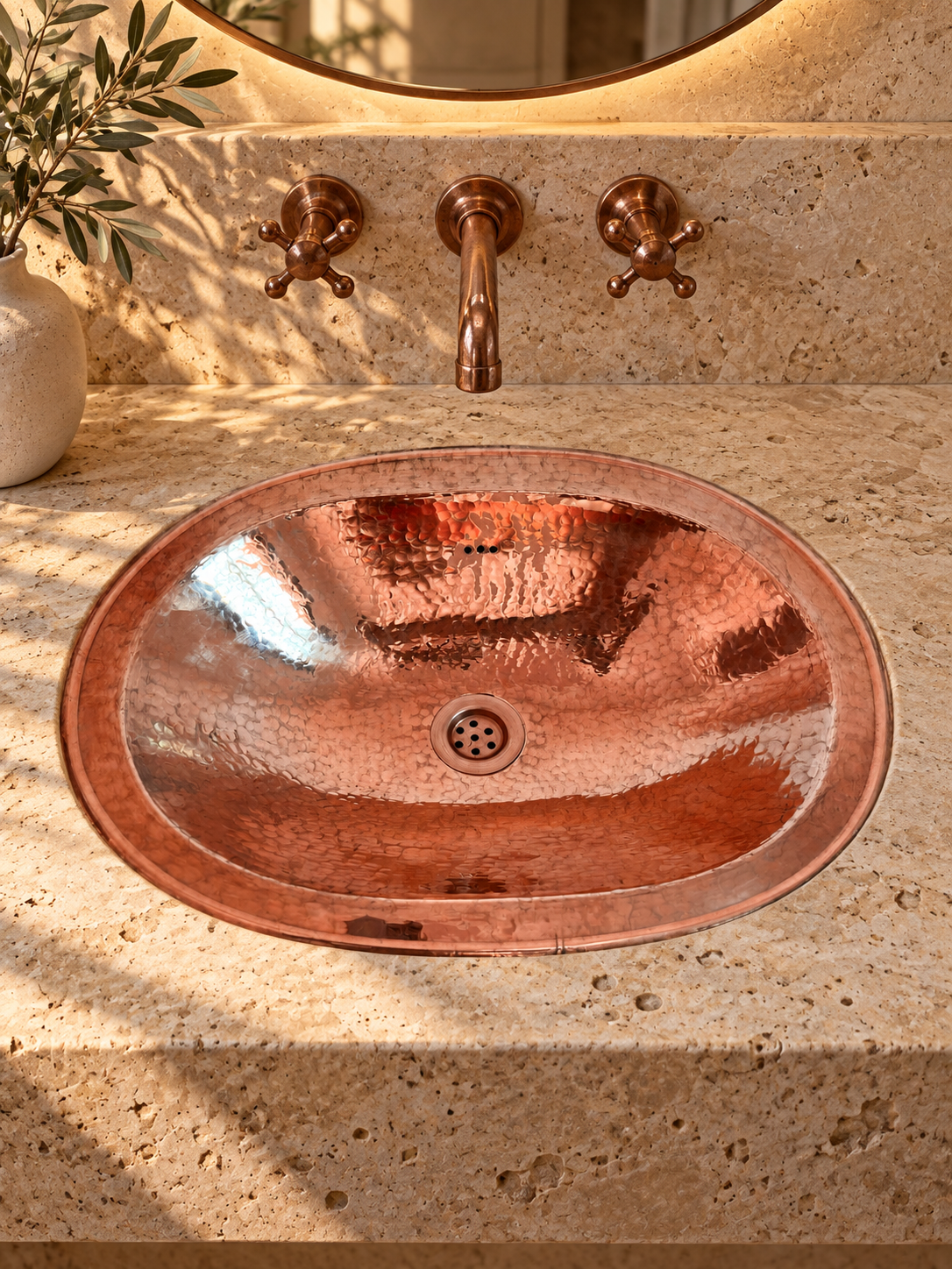 Oval hammered copper sink in a beige travertine vanity beneath a matching wall-mounted faucet, beside a vase of olive branches.