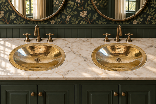 Two oval hammered brass sinks in a cream marble double vanity with brass faucets, dark green cabinets, floral wallpaper, and round mirrors.