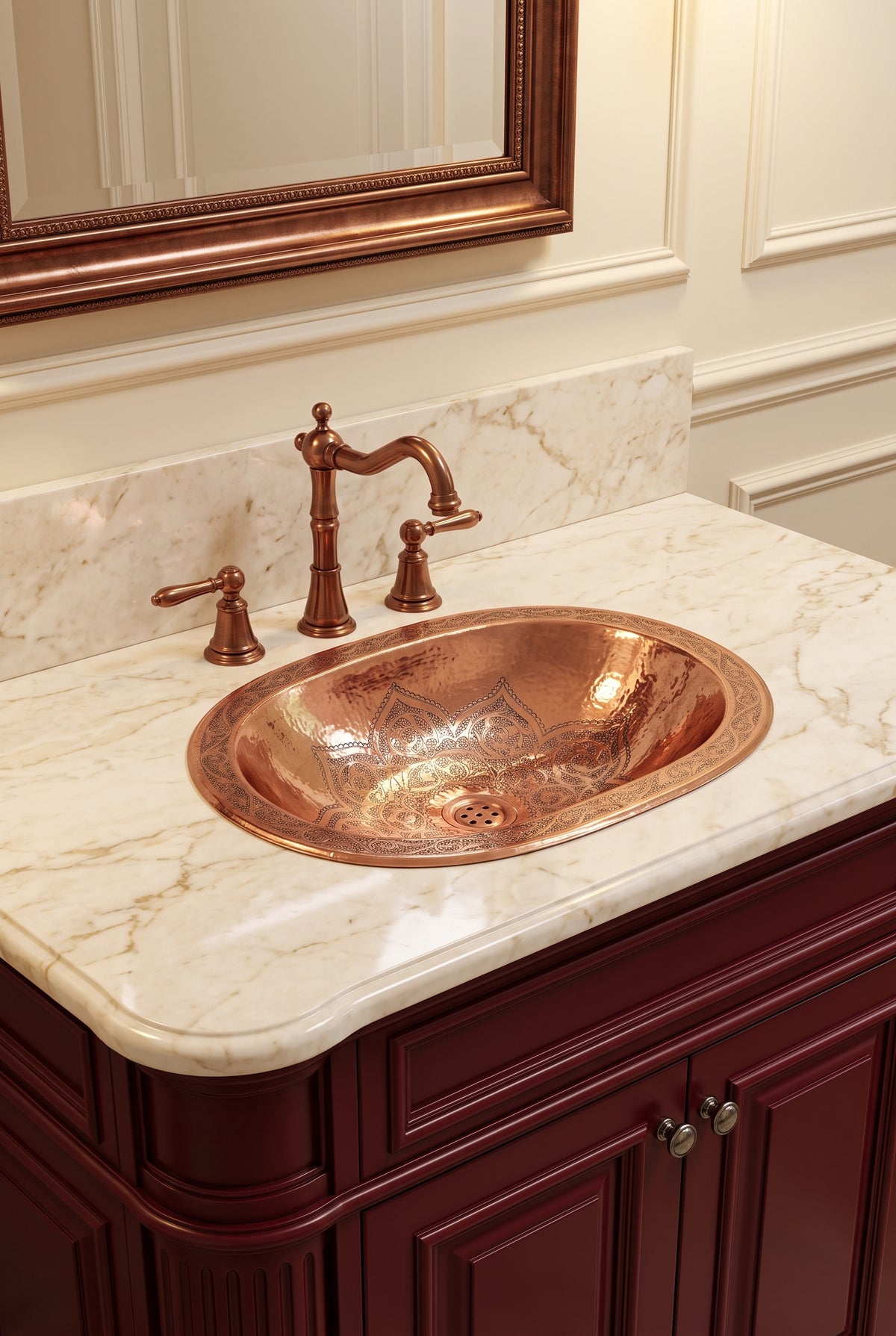 Engraved oval copper sink in a cream marble vanity with matching copper faucet, burgundy cabinets, and copper-framed mirror.