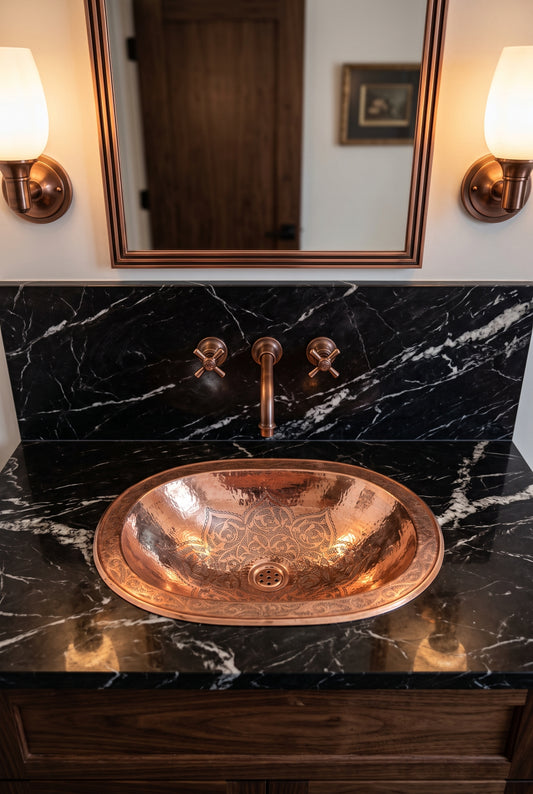 Oval copper sink with engraved floral motifs in a black marble vanity beneath a matching wall-mounted faucet, copper-framed mirror, and sconces.