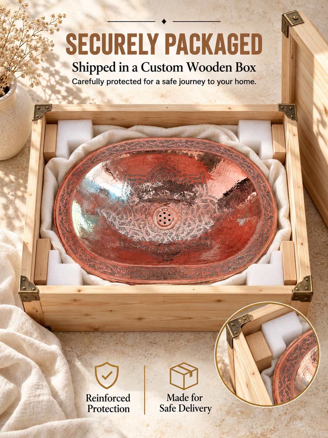 Engraved oval copper sink cushioned with foam and fabric inside a wooden shipping box, with text highlighting secure packaging and safe delivery.