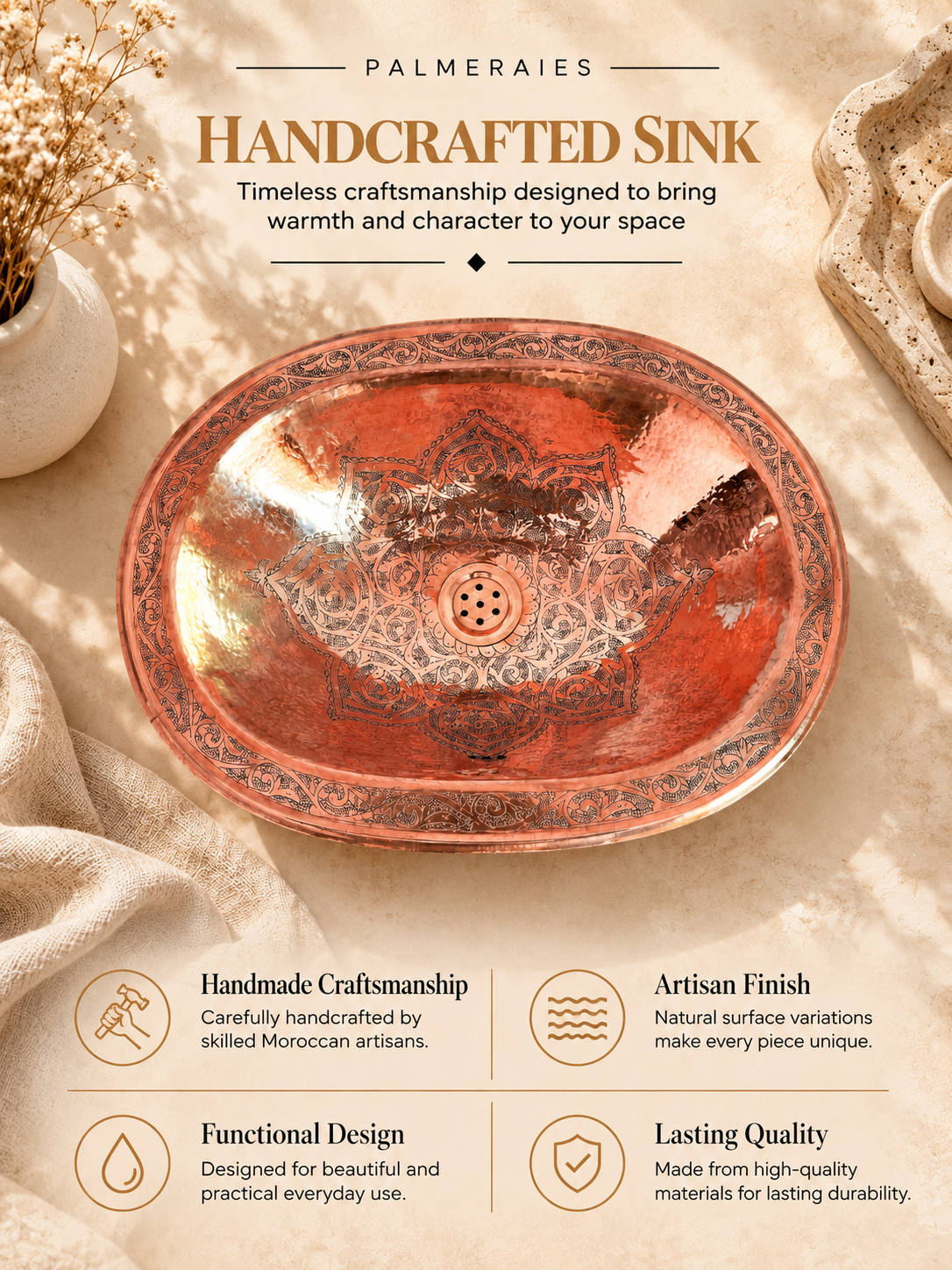 Palmeraies poster featuring an engraved oval copper sink and highlighting Moroccan craftsmanship, artisan finish, functional design, and lasting quality.