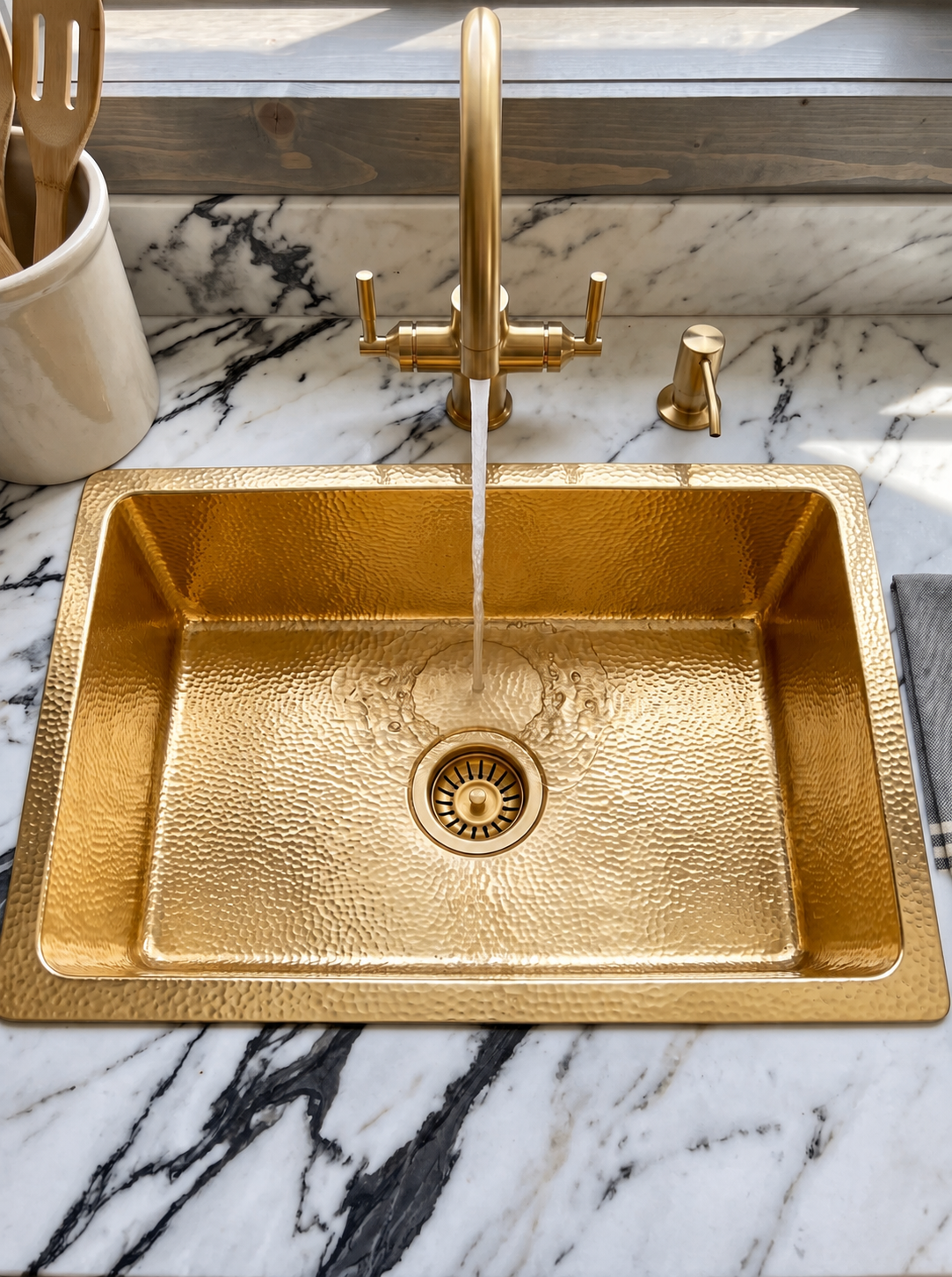 Hammered brass drop-in sink with water flowing from a matching bridge faucet, set into white marble with bold dark veining.