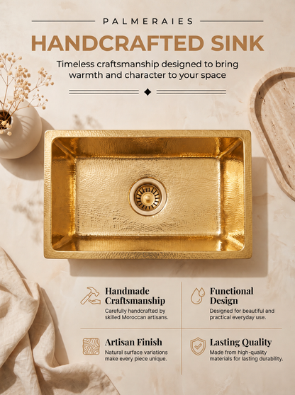 Palmeraies handcrafted sink poster featuring a rectangular hammered brass basin and highlighting craftsmanship, finish, design, and quality.