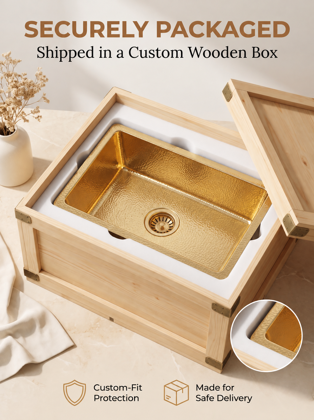 Hammered brass kitchen sink secured in fitted white foam inside an open wooden shipping crate beneath “Securely Packaged” text.