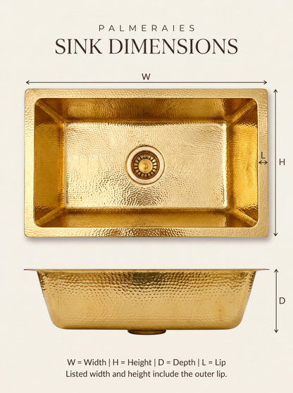 Hammered brass sink dimension diagram with top and side views marking width, height, lip, and depth, noting that listed sizes include the outer lip.