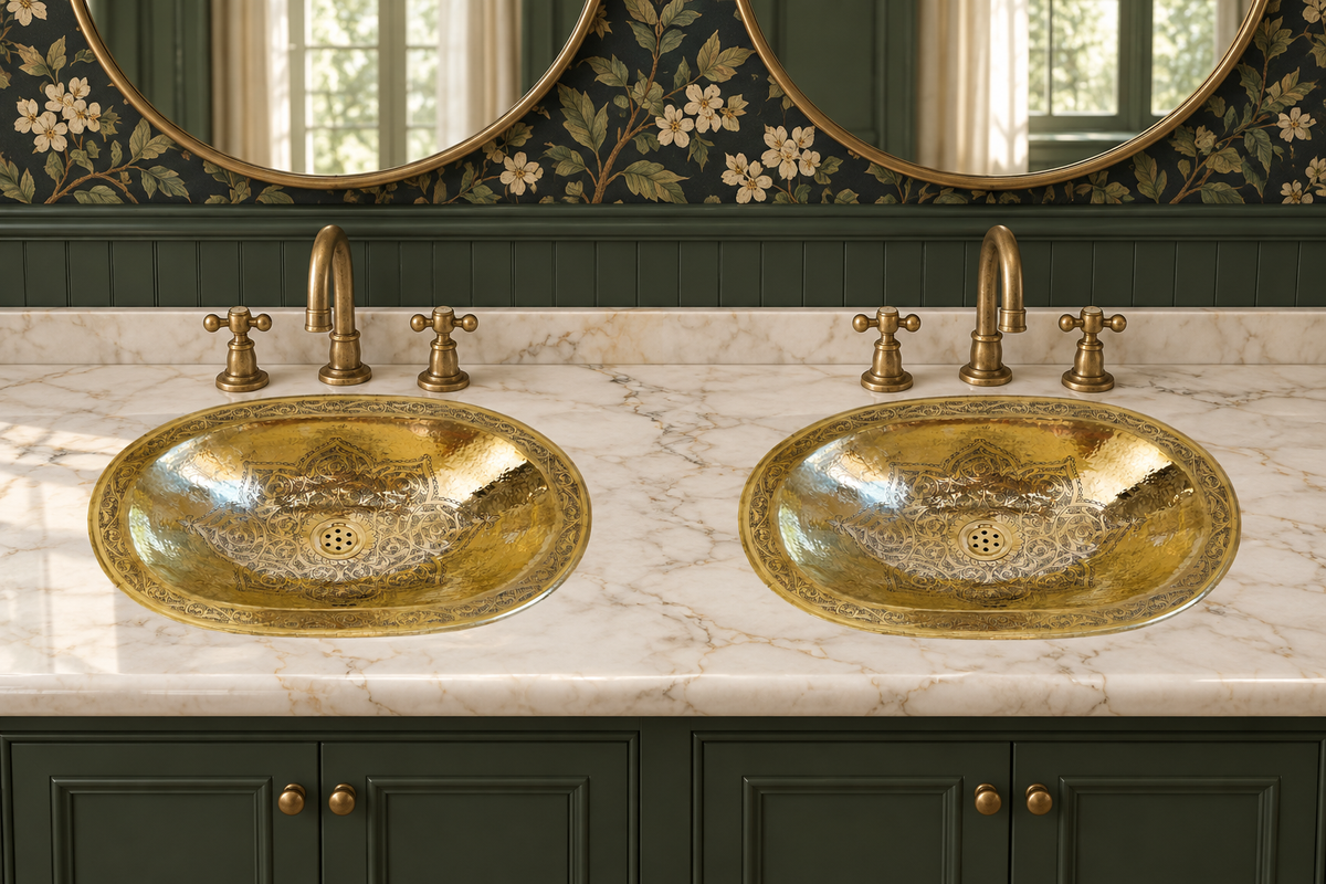 Two oval engraved brass sinks in a cream marble double vanity with brass faucets, dark green cabinets, floral wallpaper, and round mirrors.