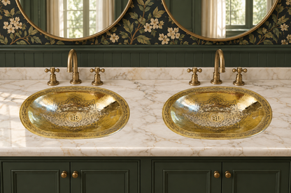 Two oval engraved brass sinks in a cream marble double vanity with brass faucets, dark green cabinets, floral wallpaper, and round mirrors.
