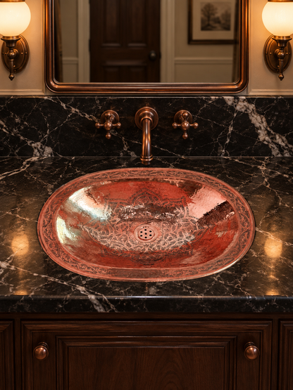 Oval engraved copper sink in a black marble vanity with a matching wall-mounted faucet, copper-framed mirror, and glowing sconces.
