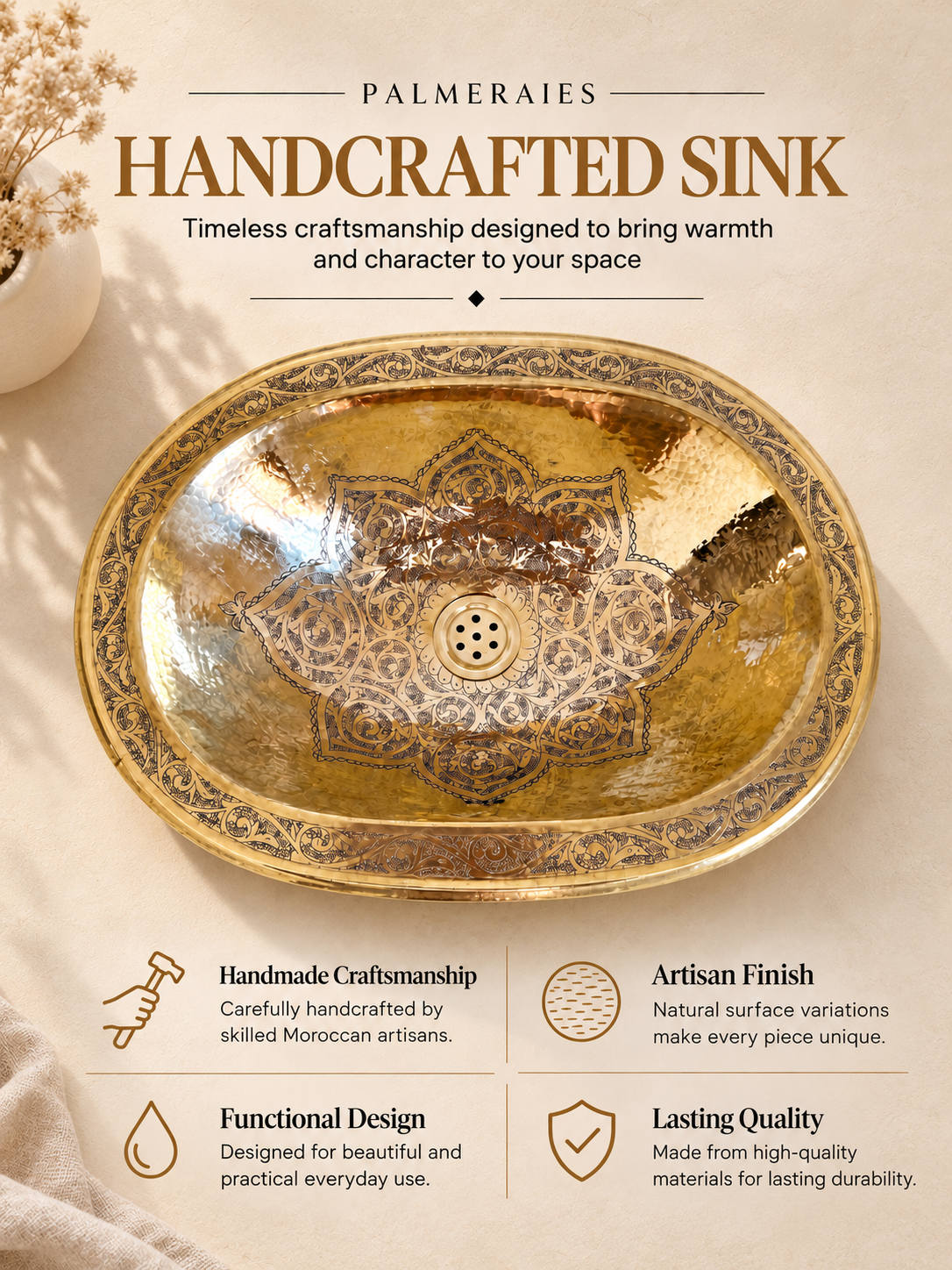 Oval engraved brass sink cushioned with fabric and foam inside an open wooden box, with text highlighting secure packaging and safe delivery.