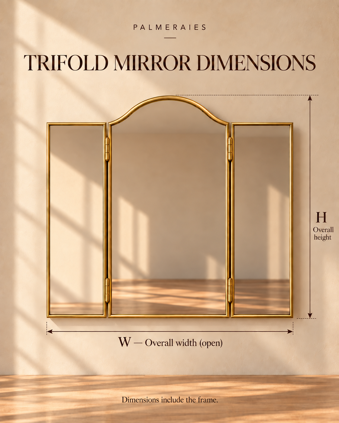 A tri-fold wall mirror with a gold frame and arched top, shown with dimension lines and labels indicating overall width (W) and overall height (H) on a beige wall with warm sunlight shadows.