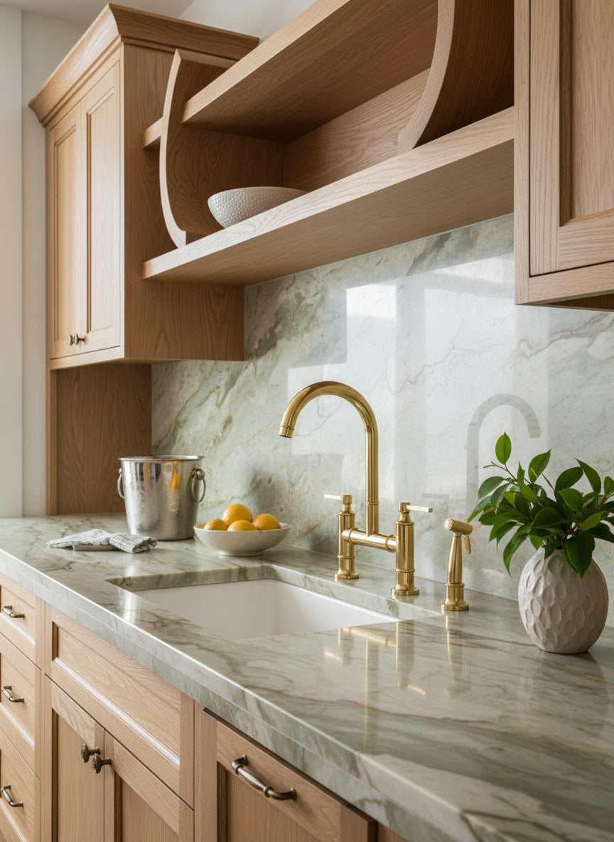 Solid brass bridge kitchen faucet with side sprayer installed on a natural stone countertop with warm oak cabinetry and a marble backsplash.