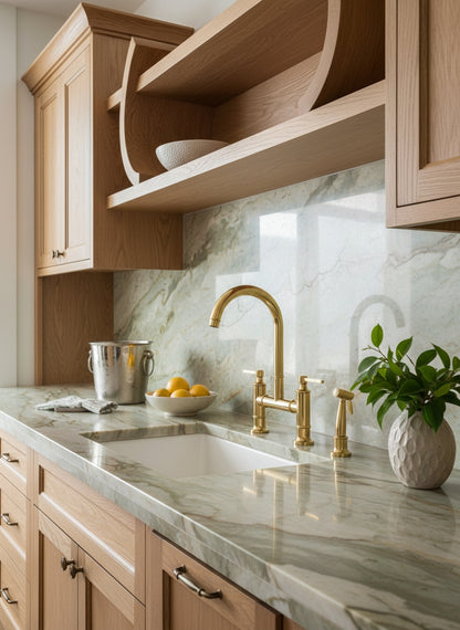 Solid brass bridge kitchen faucet with side sprayer installed on a natural stone countertop with warm oak cabinetry and a marble backsplash.