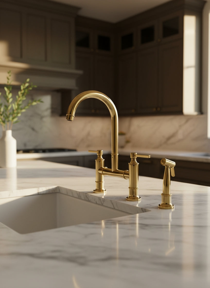 Unlacquered brass bridge kitchen faucet with matching side sprayer installed on a white marble countertop in a luxury kitchen with dark wood cabinetry.