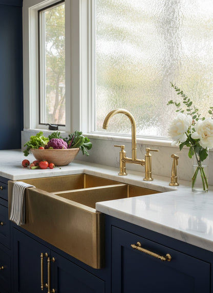 Unlacquered brass bridge kitchen faucet with matching side sprayer installed on a brass farmhouse sink with navy blue cabinetry and marble countertops.