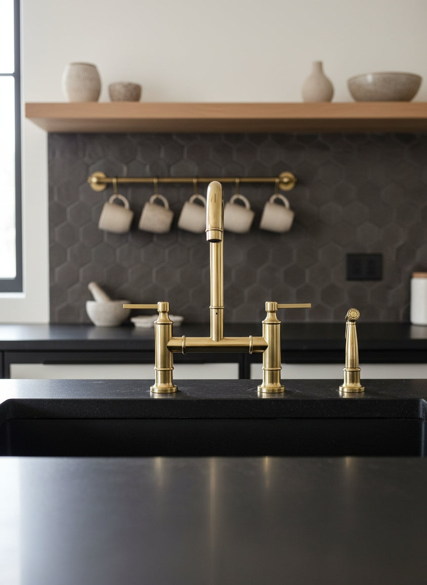Solid brass bridge kitchen faucet with side sprayer installed on a black sink in a modern kitchen with a dark hexagon tile backsplash.