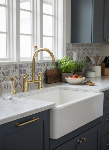Unlacquered brass bridge kitchen faucet and side sprayer installed on a white farmhouse sink with marble countertops and blue shaker cabinets.