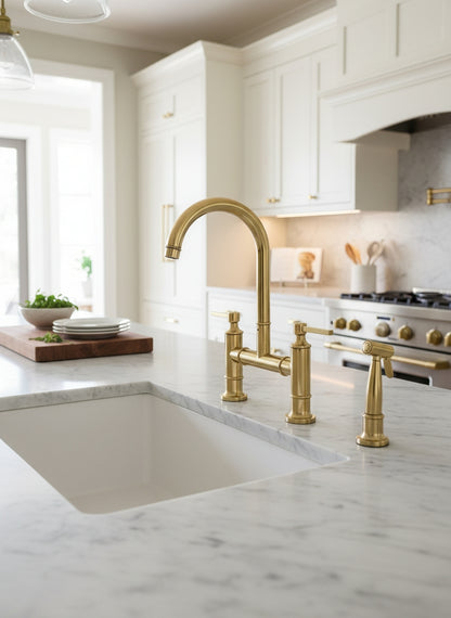 Luxury unlacquered brass bridge kitchen faucet with matching side sprayer on a white marble kitchen island in a bright transitional kitchen.