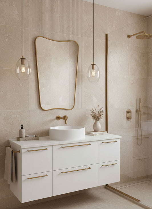 Butterfly brass wall mirror above white floating vanity in modern beige bathroom