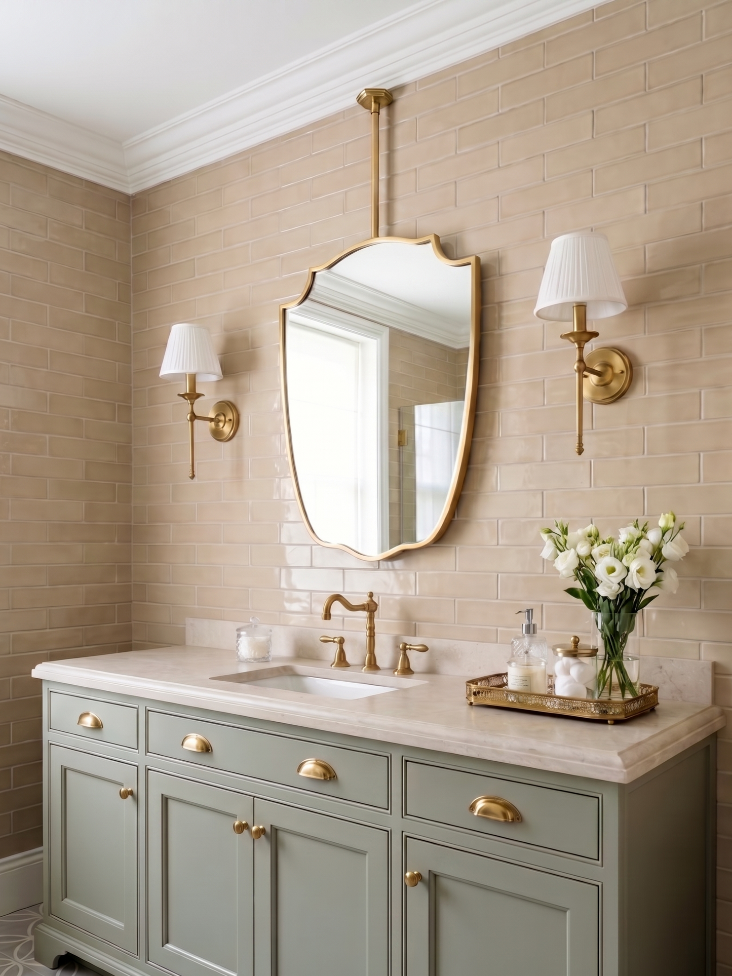 Suspended shield brass mirror above sage green bathroom vanity