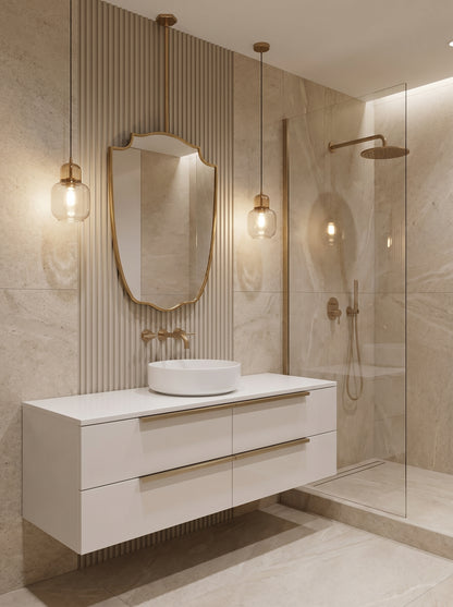 Luxury hanging brass mirror in modern bathroom interior