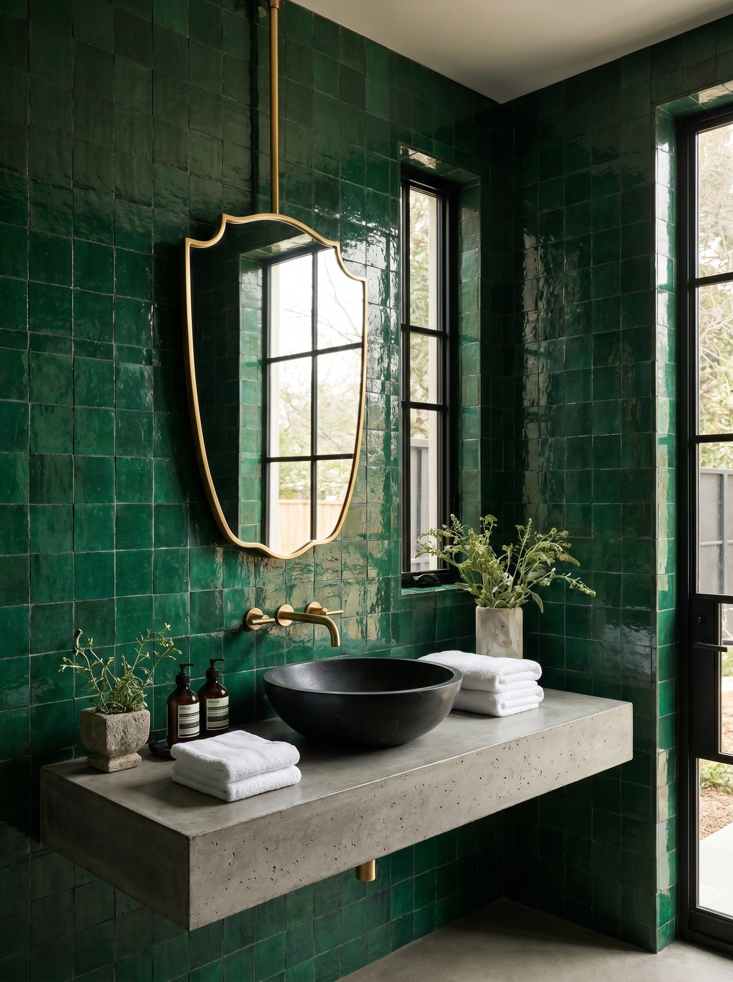 Bathroom with green tiled walls, a concrete vanity, and a black sink.