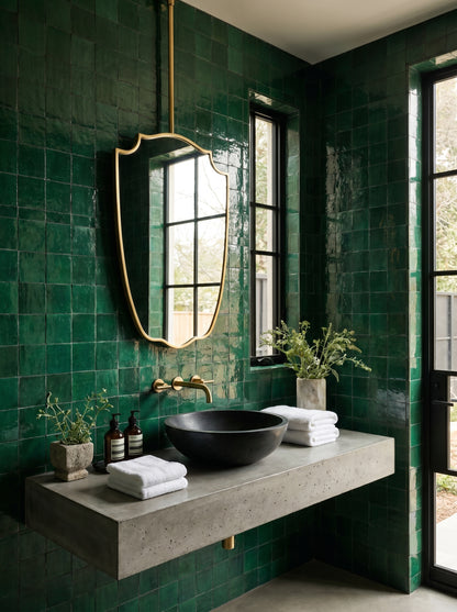 Bathroom with green tiled walls, a concrete vanity, and a black sink.