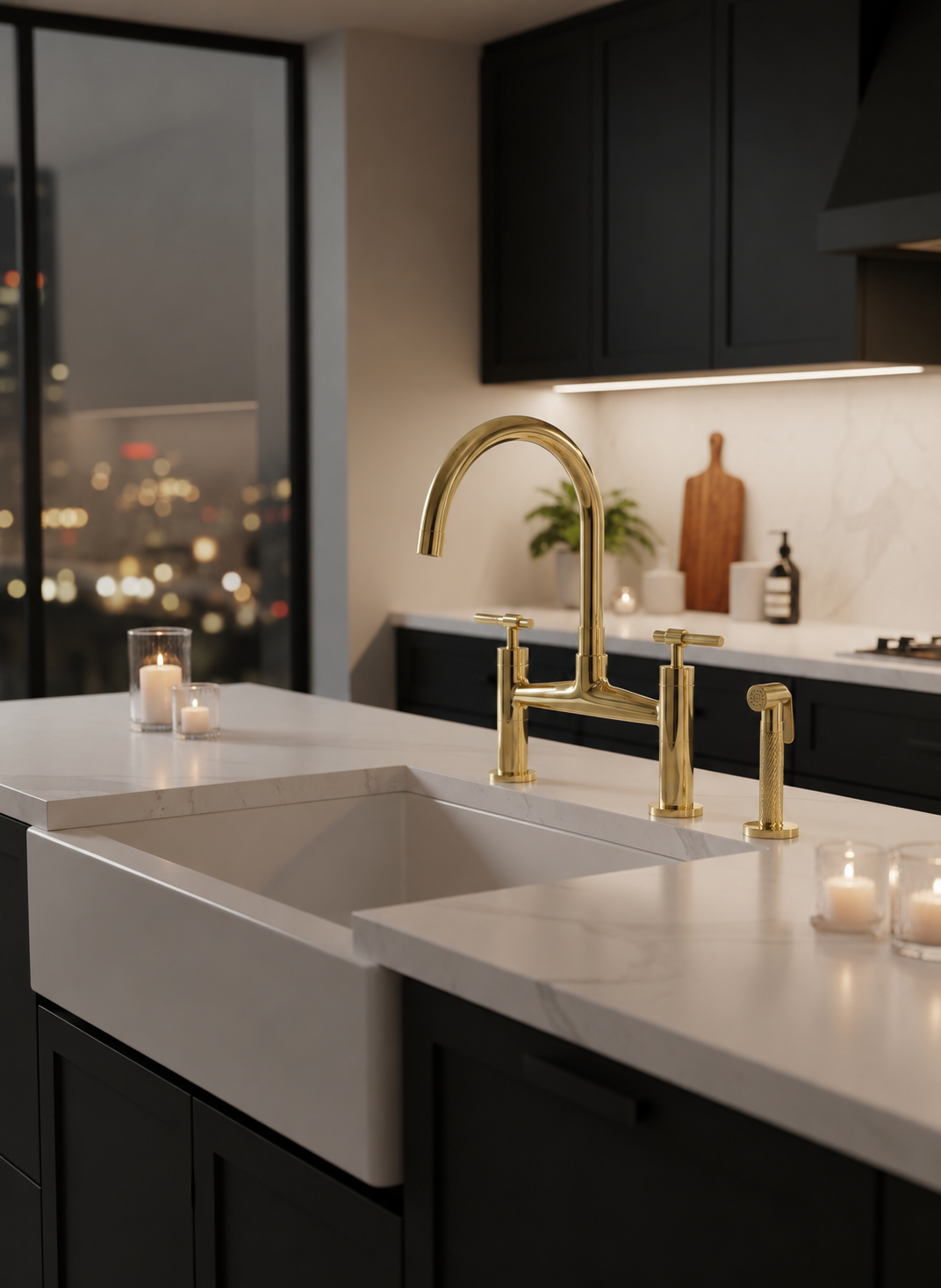 Unlacquered brass bridge kitchen faucet with matching side sprayer installed on a white farmhouse sink in a modern black kitchen with marble countertops and candlelight.
