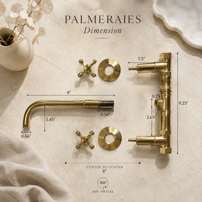 A brass bathroom faucet set laid out on a light stone surface with overlaid dimension labels and measurements, including a swivel angle note. The set includes a curved spout, vertical faucet body, two round backplates, two cross handles, and dimension markings such as 9.