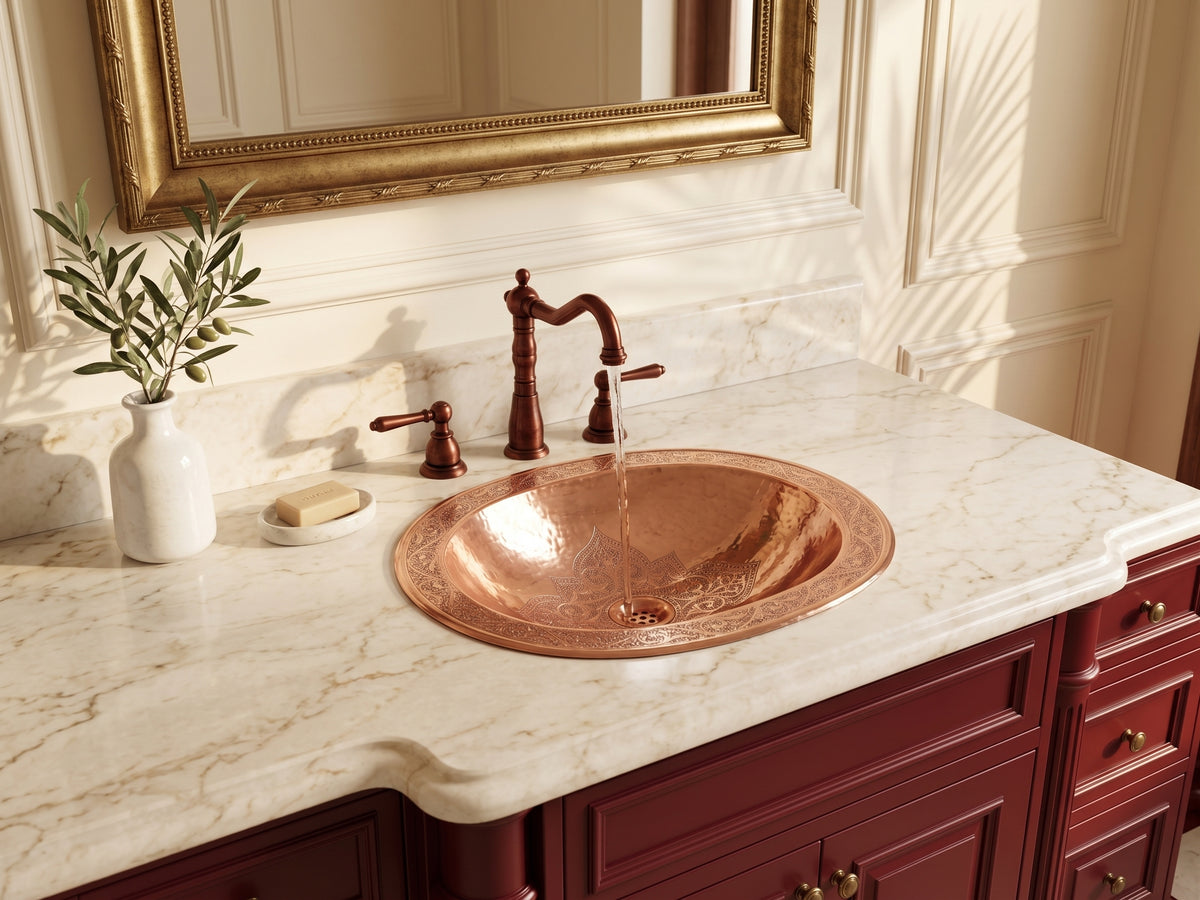Engraved copper sink in a cream marble countertop with running water from a copper faucet, burgundy cabinets, and a gold-framed mirror.