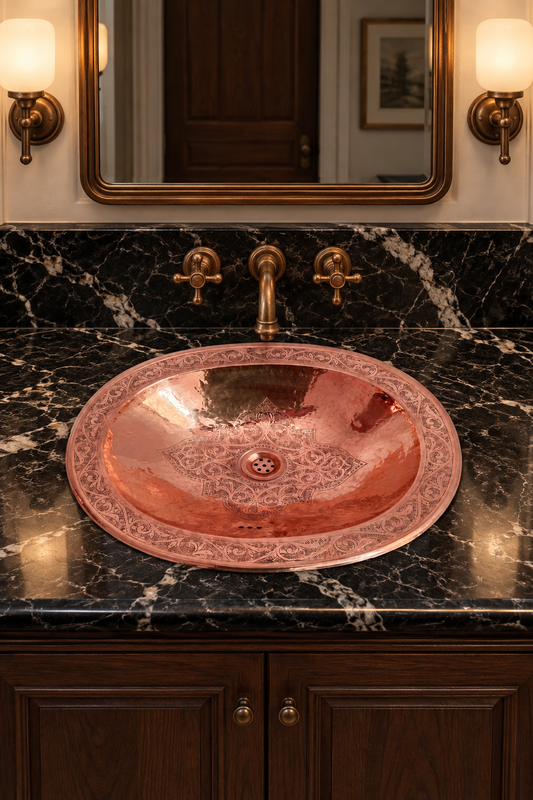 Round engraved copper sink in a black marble vanity with a wall-mounted brass faucet, brass-framed mirror, and glowing sconces.