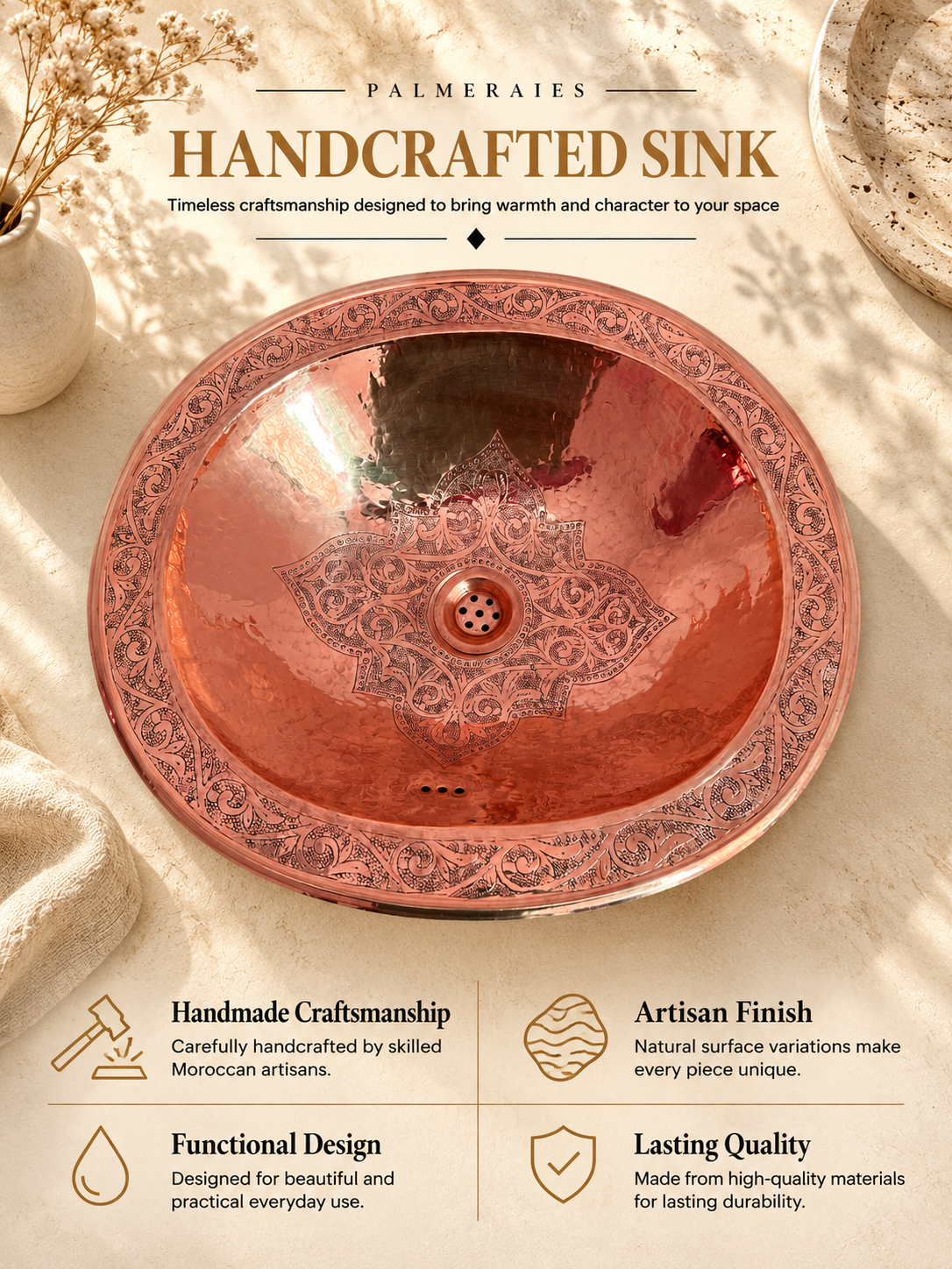 Palmeraies poster featuring a round engraved copper sink and highlighting handmade craftsmanship, artisan finish, functional design, and lasting quality.
