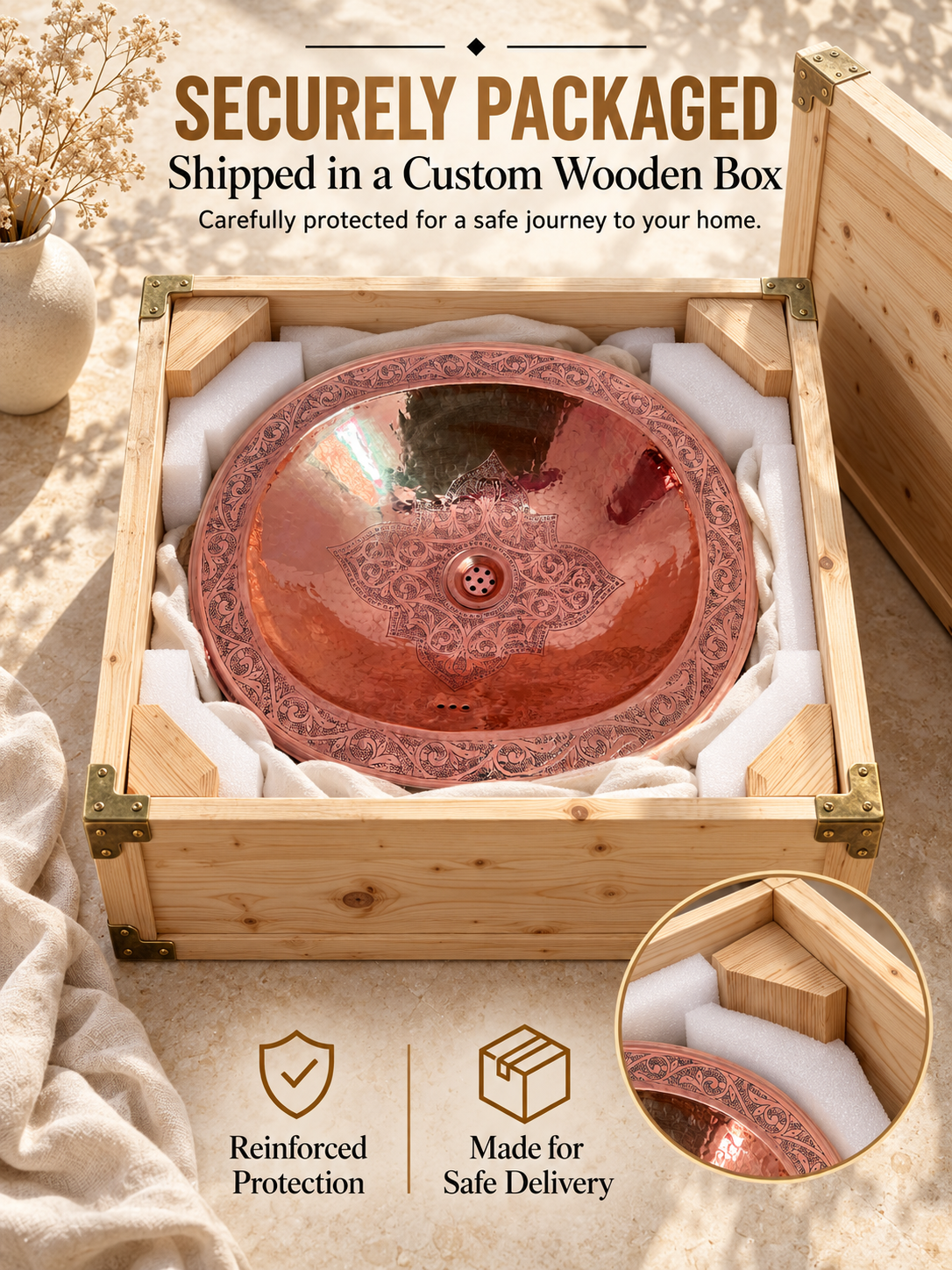 Round engraved copper sink cushioned with fabric and foam inside an open wooden shipping box, with text highlighting secure packaging and safe delivery.