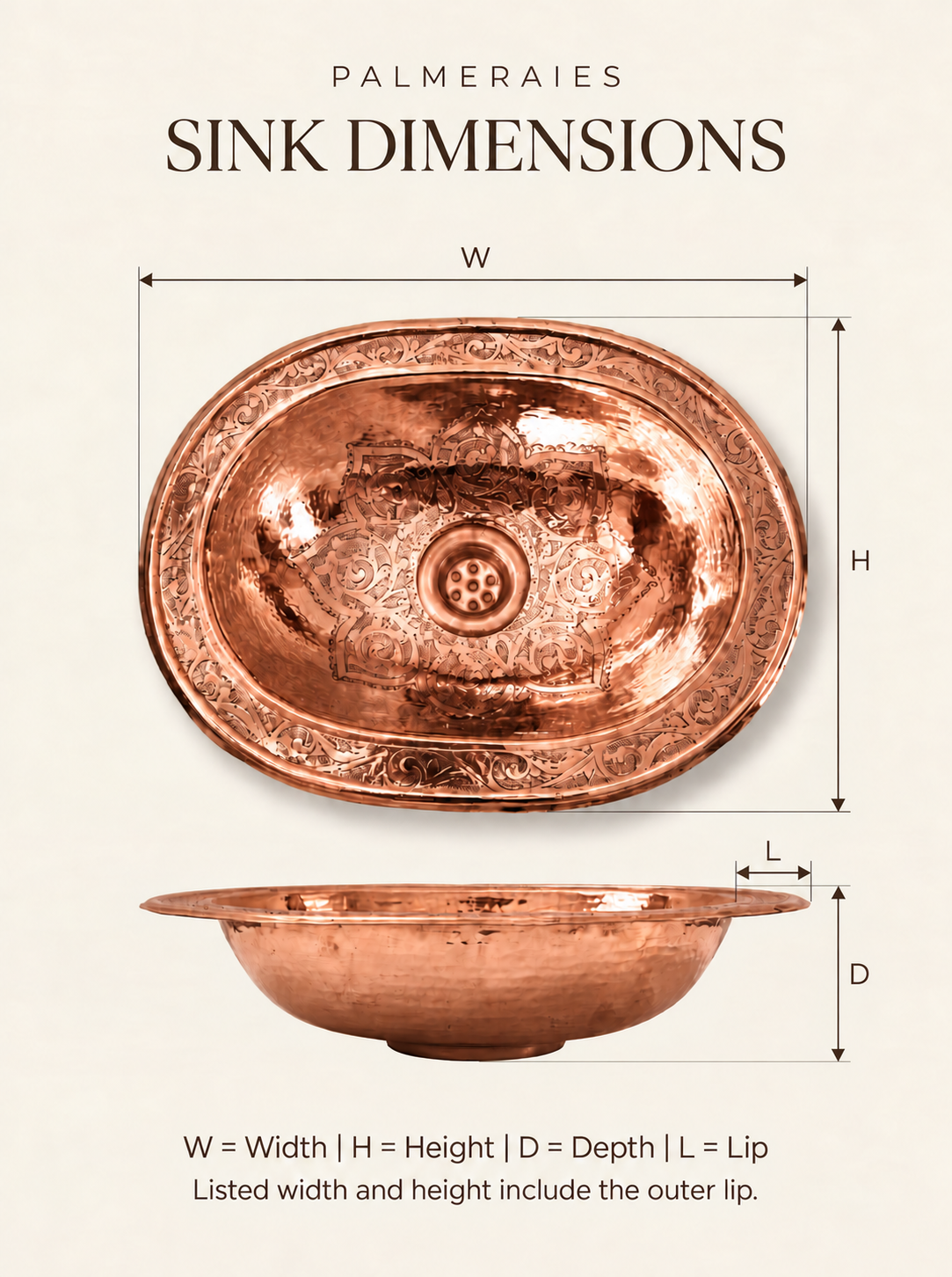 Dimension diagram of an engraved oval polished copper sink, showing top and side views with width, height, depth, and lip labels. Listed width and height include the outer lip.